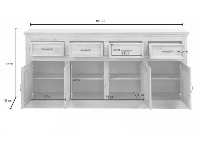 Balcão buffet aparador de madeira branco lavado e cera com 4 portas e 4 gavetas |  Coleção England